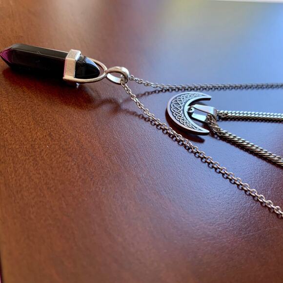 Crescent Moon Black Hexagonal Column Quartz Pendant 2 Layered Silver Necklace - Picture 2 of 4